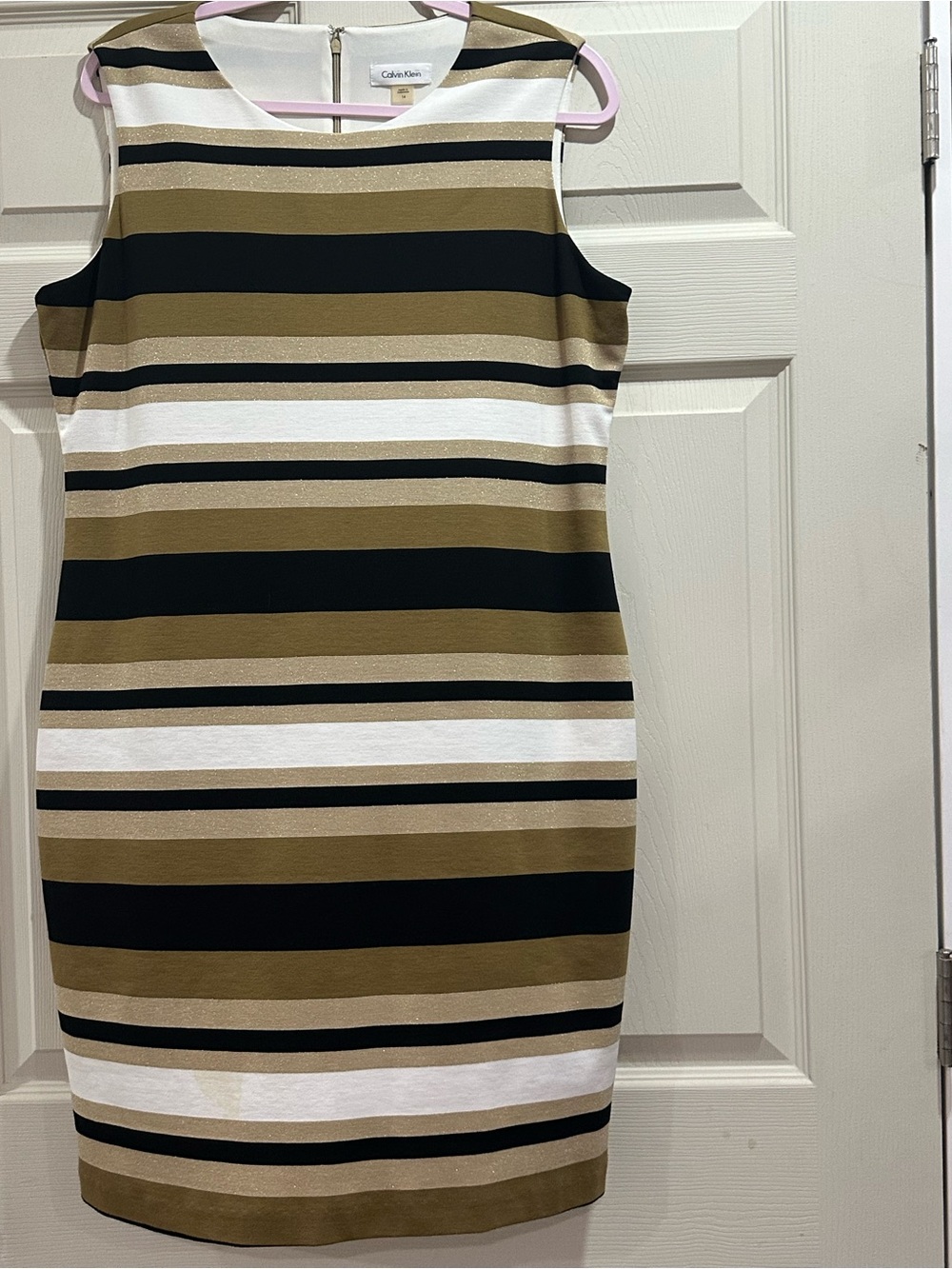 Calvin Klein Striped Sleeveless Midi Dress in Olive, Black & White